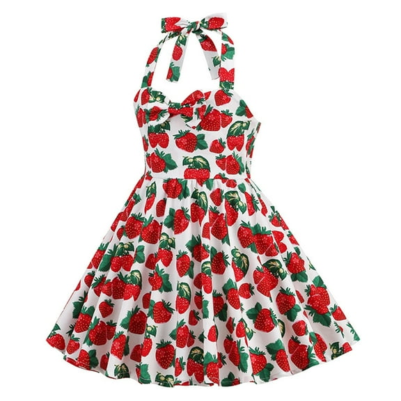 SHENGSI Girls' Hepburn Style Fruit Polka Dot Print Solid Color Halter Dress Suspender Skirt, Girls Fruit Polka Dot Printed Solid Color Sleeveless Dress Party Dresses