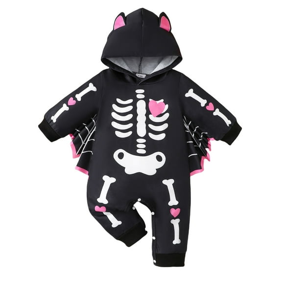 SHENGSI Halloween Girls Costume Skull Print Long Sleeve Hooded Jumpsuit, Newborn Baby Boy Girl Halloween Clothes Skeleton Long Sleeve Big Ear Hoodie Jumpsuit Halloween Costume