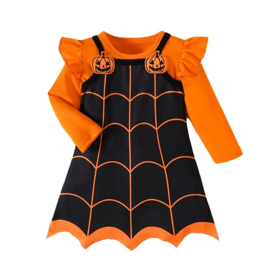 SHENGSI Long-Sleeved T-Shirt Spider Web Print Sundress Suit, Baby Girls Clothes Infant Skirt Sets Long Sleeve Ruffle Romper Top Suspender Dresses 2Pcs