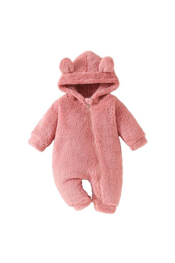 SHENGSI Newborn Furry Warm Hooded Jumpsuit, Baby Furry Warm Hooded 0 1 Year Old Baby Solid Color Zipper Long Sleeve Long Leg Crawling Suit