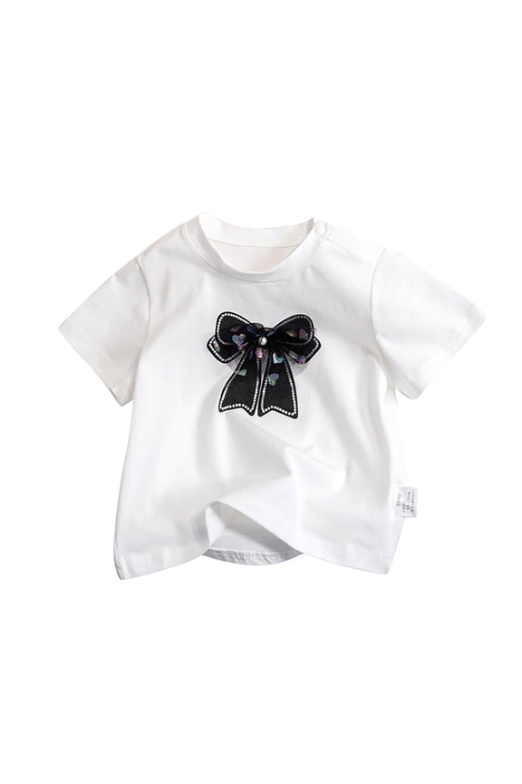 SHENGSI Summer Candy Color Simple Bow Short-Sleeved T-Shirt for Girls and Middle-Aged Children, Toddler Girl Tee Shirt Casual Round Neck Short Sleeve Tee Shirt Tops Monogram Top