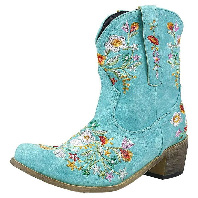 SHENGSI Women s Western Cowboy Denim Ankle Boots Mid calf Vegan Leather Embroidered Upper Low Heel Stylish Pointed Toe Well Made Walmart