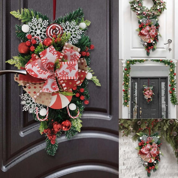 SHENGXINY 1PCS Christmas Snowflake Wreath for Front Door Hanging Window Decoration,Artificial Plants Wreath for Porch Outdoor Indoor Home Holiday Party Decor 11.4x18.5Inch Green