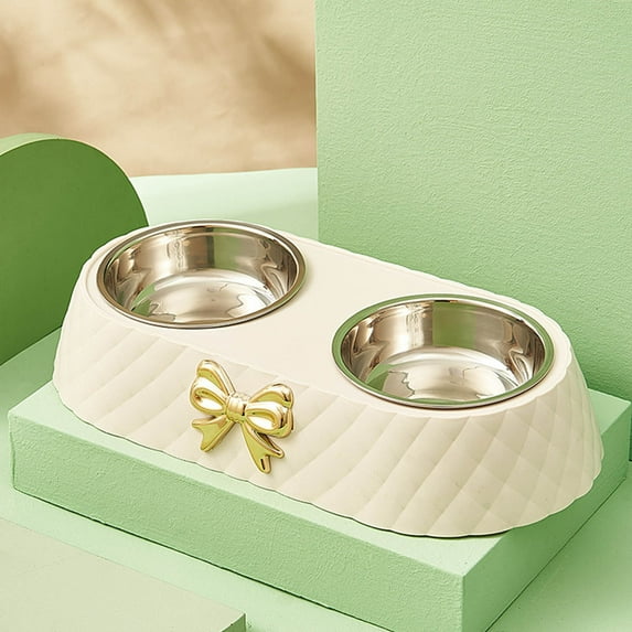 SHENGXINY 1PCS Dog Bowls Double Dog Water and Food Bowl for Dogs and Cats with Bowknot Decor Bracket and Non-Slip Mats Pet Feeding for Small To Medium Pet White 13.39x6.89x2.56in