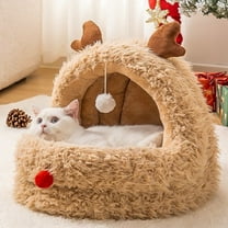 SHENGXINY 1PCS Dog & Cat Bed,Christmas Themed Cats Bed for Winter Warmth, Semi Enclosed Large Space Pet Bed Is Also Suitable for Small Dogs Khaki 17.32x16.93x15.35in