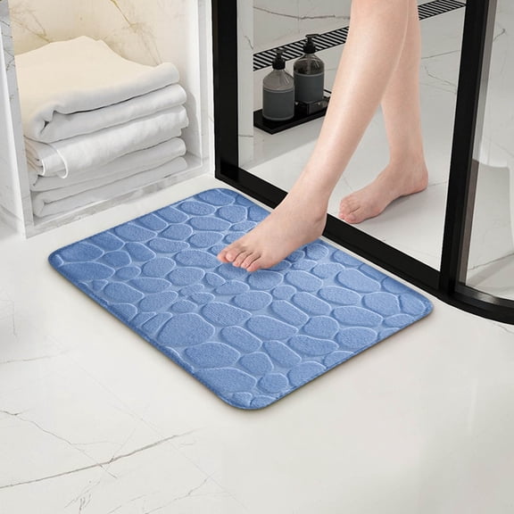 SHENGXINY 1PCS No Slip Bathroom Rugs, Washable Anti Mold Drying Shower Mat, Quick Dry Thick Striped Memory Foam Mat for Tub Shower, Indoor, Home Decor Accessories 1'4'x2'0' Blue