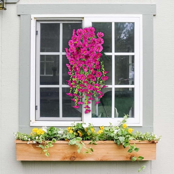 SHENGXINY 2PCS Artificial Hanging Flowers Plants ,Fake Silk Morning Glory Flowers for Front Door Patio Outside Outdoor Indoor Fall Decor 29.5in Hot Pink