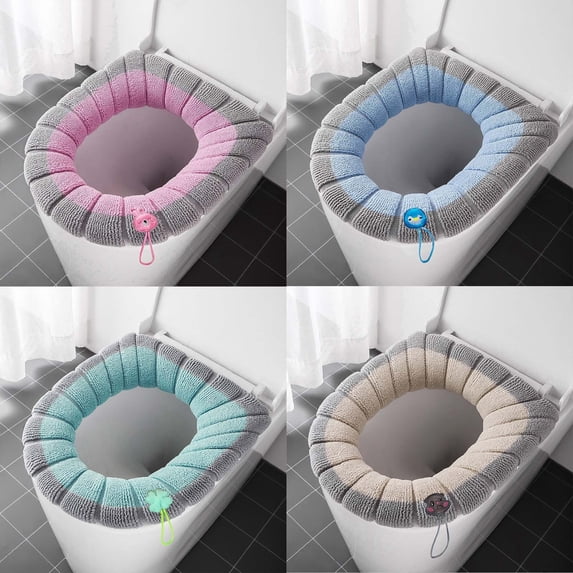 SHENGXINY 2PCS Toilet Seat Cover Pads Stretchable Washable, Thick Knitted Toilet Seat with Handle Reinforced Winter Ring Set Pink 14x18.5in