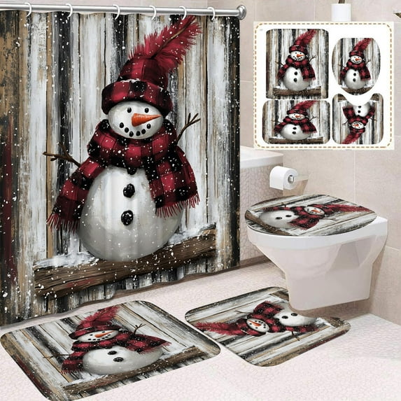 SHENGXINY 4PCS Christmas Shower Curtain Set,Toilet Lid Cover and Bath Mat,Christmas Decorations,Snowman Printed Curtains,Home Decor Multicolor 15x11x1.57in