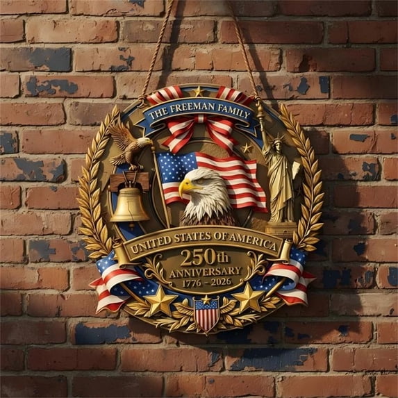 SHENGXINY 4th of July Hanging Decorations Wooden Front Door Decor Patriotic 250th Anniversary Wooden Decor with Eagle and Statue of Liberty