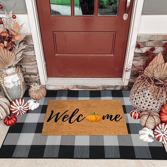 SHENGXINY Bathroom Rugs, Fall Outdoor Orange Plaid Cotton Hand-Woven Check Layered Doormat for Front Door Porch Farmhouse Entryway Patio 1'4'x2'0' Black