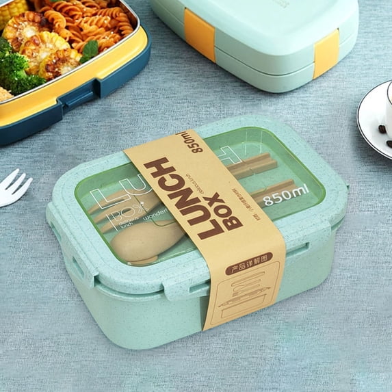 SHENGXINY Bento Lunch Box with Fork Spoon,Straw Japanese Style Bento Box Plastic Microwave Safe for Office Daily Use Green