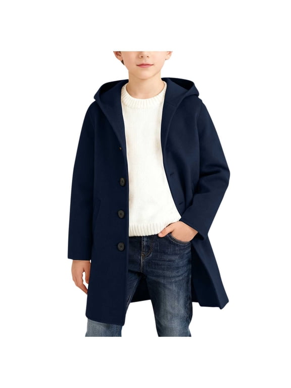 Boys Classic Hooded Trench Coat Wool Blend Buttons Long Sleeve Winter Warm Open Front Daily Casual Peacoat Navy 5 Years