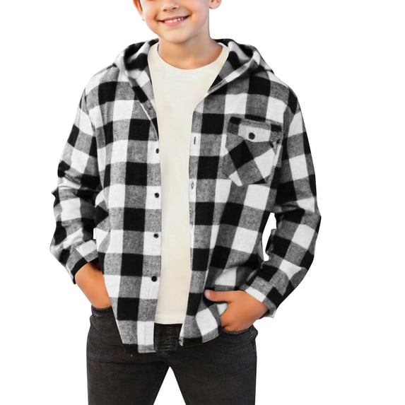 SHENGXINY Boys Flannel Shirt Hooded Plaid Button Down Long Sleeve Casual Spring Fall Jackets Child Shacket Outerwear Black 4-5 Years
