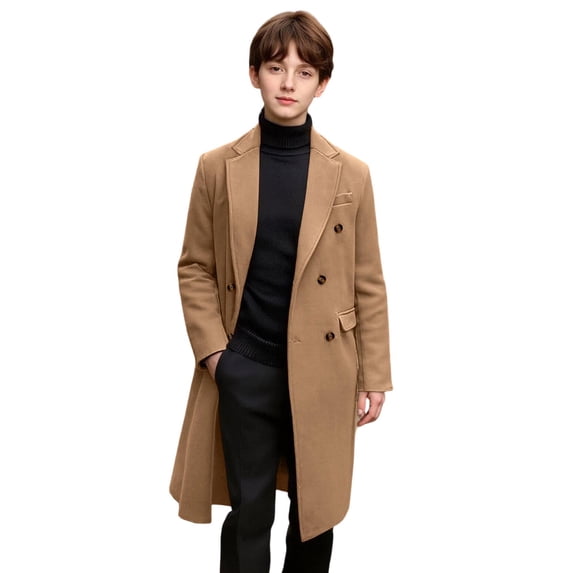 SHENGXINY Boys Trench Coat Kids Notch Lapel Long Winter Warm Single Breasted Button‑front Pea Coat Classic Insulated Overcoat Khaki 5 Years