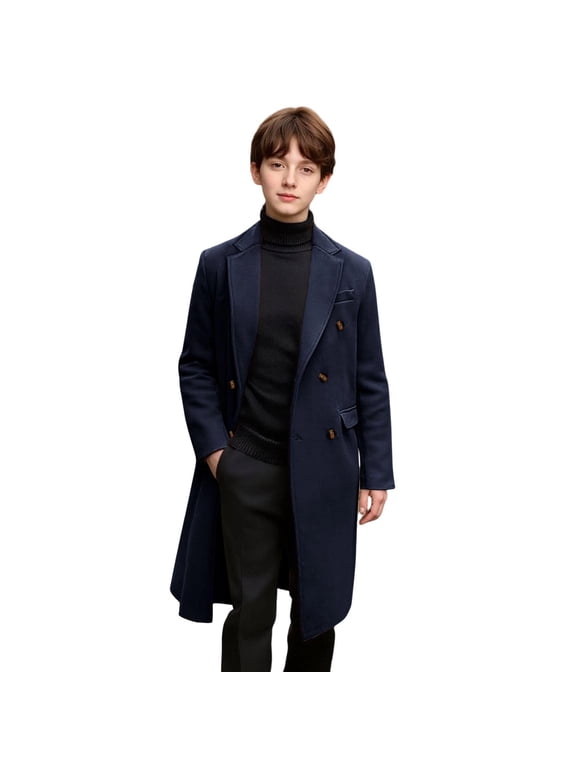 Boys Trench Coat Kids Notch Lapel Long Winter Warm Single Breasted Button‑front Pea Coat Classic Insulated Overcoat Navy 7 Years