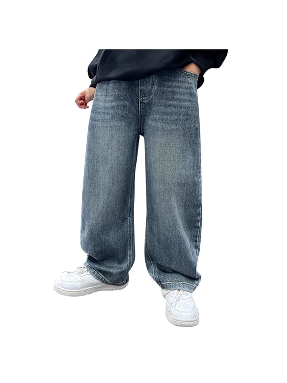 Boys Wide Leg Jeans Elastic Waist Pull On Denim Pants with Pocket Relaxed Fit Stretch Washed Jean Pants Blue 12Years