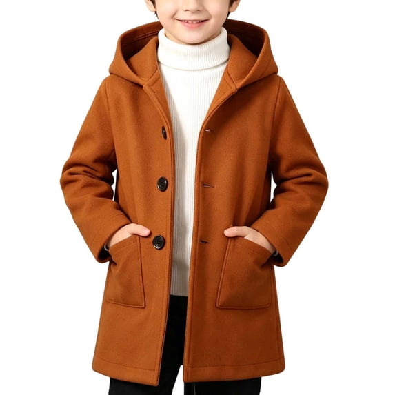 SHENGXINY Boys Winter Warm Trench Coat Notched Lapel Collar Classic Pea Coat with Pockets Hooded Mid Lenth Overcoat Brown 2-3 Years