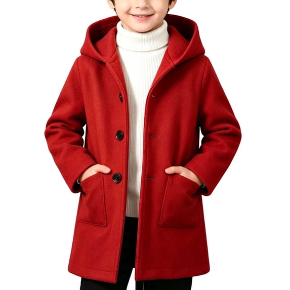 SHENGXINY Boys Winter Warm Trench Coat Notched Lapel Collar Classic Pea Coat with Pockets Hooded Mid Lenth Overcoat Red 2-3 Years