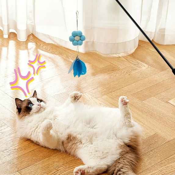 SHENGXINY Cat toys, Pet Feather Teaser Stick, Bells + Replaceable Feathers - Kitten Training Toy Blue 70.87in