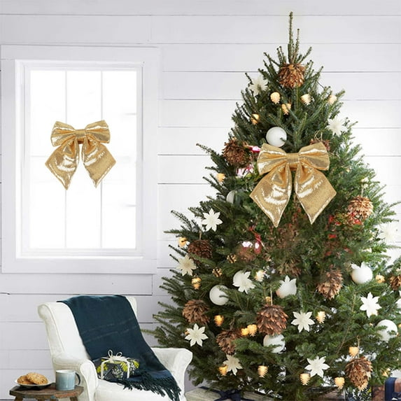 SHENGXINY Christmas Decor,Cute Glitter Bow Ornaments , Christmas Tree Accessories Decorations,Wreath Door and Window Hangings Decor,Home Decor Gold 9.84x9.84in