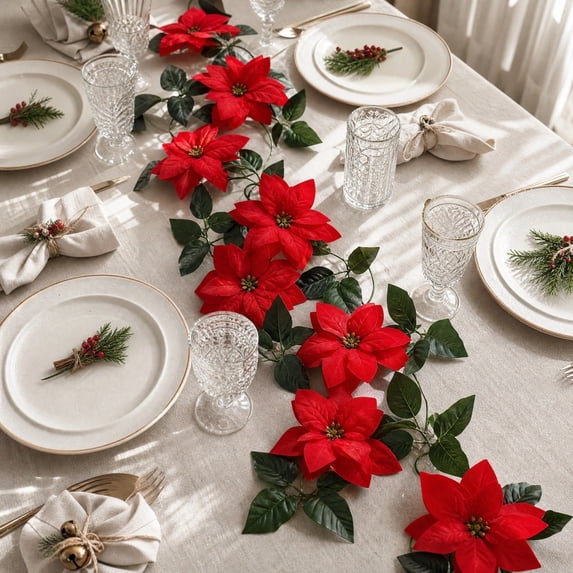 SHENGXINY Christmas Garland, Artificial Red Poinsettia Garland Fabric Flower Vine for Fireplace Mantel Stair Holiday Decor