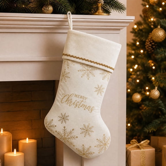 SHENGXINY Christmas Stockings 19.29'' Cream Velvet Socks with Gold Snowflake Embroidery Pattern Gift Bags Tree Ornament Fireplace Mantel Decor