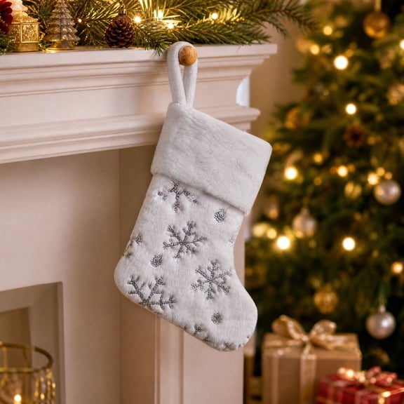 SHENGXINY Christmas Stockings 7.48'' White Furry Socks with Silver Sequin Snowflake Pattern Gift Bags Tree Ornament Fireplace Mantel Wall Decor