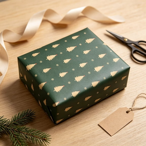 SHENGXINY Christmas Wrapping Paper, Dark‑Green Background Gold Christmas Tree and Snowflake Print Gift Wrap for Holiday Present Packaging