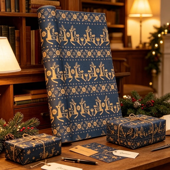 SHENGXINY Christmas Wrapping Paper Jumbo Rolls Roll Navy Blue Gold Reindeer Snowflake Flower Pattern Kraft Gift Wrapping Decor