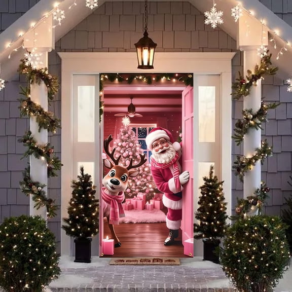 SHENGXINY Christmas Wreath Front Door Cover,Hanging Door Decorations,Exquisite Reindeer Printed Cover for Porch Outdoor Indoor Home Festival Party Decor Pink 70.86x35.43in