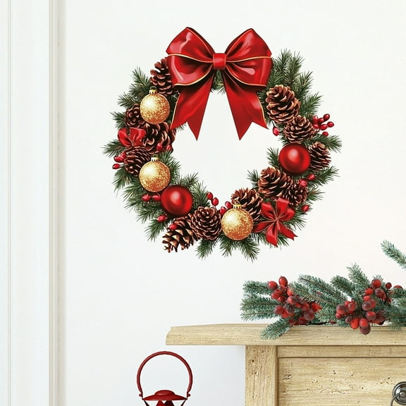 SHENGXINY Christmas Wreaths Stickers,Cute Red Bow Pinecone Stickers Decorations for Window,Door,Wall,Home Decor Green 14.5x14.5 in