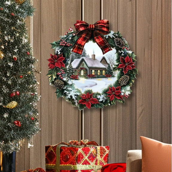 SHENGXINY Christmas Wreaths Stickers with Bow,Snow House Stickers for Living Room Glass Window Holiday Scene Door Wall Decor Green 11.8x11.4in