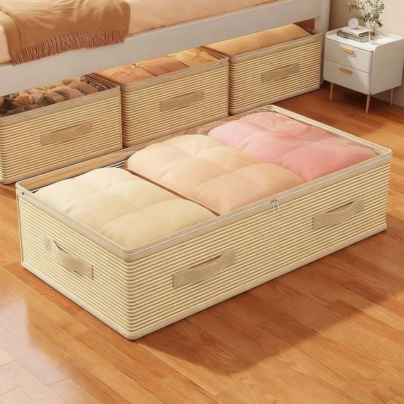 SHENGXINY Cloths Storage Bins with Lids,Large Striped Under Bed Storage Bag,Foldable Organizer for Clothes Blankets Bedding Space Saving Home Use Beige 39.37x19.68x9.84in