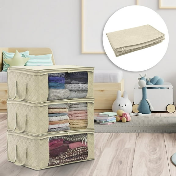 SHENGXINY Comforter Storage Bag, Foldable Thick Closet Organizer Box, Containers for Organizing Bedroom, Closet, Clothing, Bedding with Handle & Clear Window Beige 19.3x14.2x8.3in