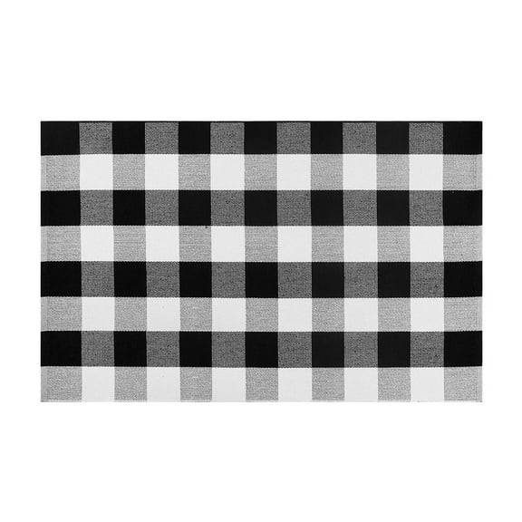 SHENGXINY Door Mat Outside Entrance Fall Outdoor Rug Orange Plaid Outdoor Rug Cotton Hand-Woven Check Rug Layered Doormats For Front Door/Front Porch/Farmhouses/Entryway/Patio Black