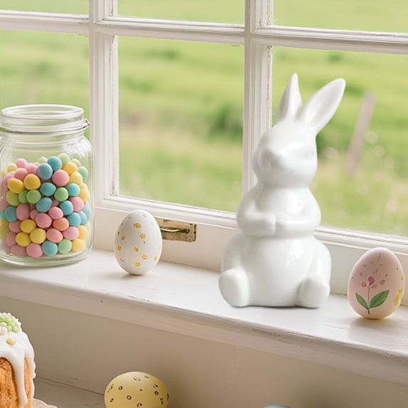 SHENGXINY Easter Bunny Mini White Ceramic Figurine - Living Room Bedroom Tabletop Ornaments Easter Decorations Home Accent Decor White 3.7x1.9in