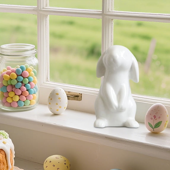 SHENGXINY Easter Bunny Mini White Ceramic Figurine - Living Room Bedroom Tabletop Ornaments Easter Decorations Home Accent Decor White 4x2in