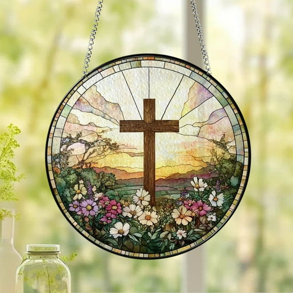 SHENGXINY Easter Cross Acrylic Window Hanging, Stained Glass Religious Bible Verse Wall Art Ornaments,, Easter Decorations , Great for Home & Church Decor Multicolor 5.9x5.9in