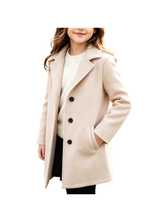 Girls Trench Coats Single Breasted Overcoat Lightweight Insulated Wool Blend Notched Collar Winter Pea Coat Beige 4-5 Years