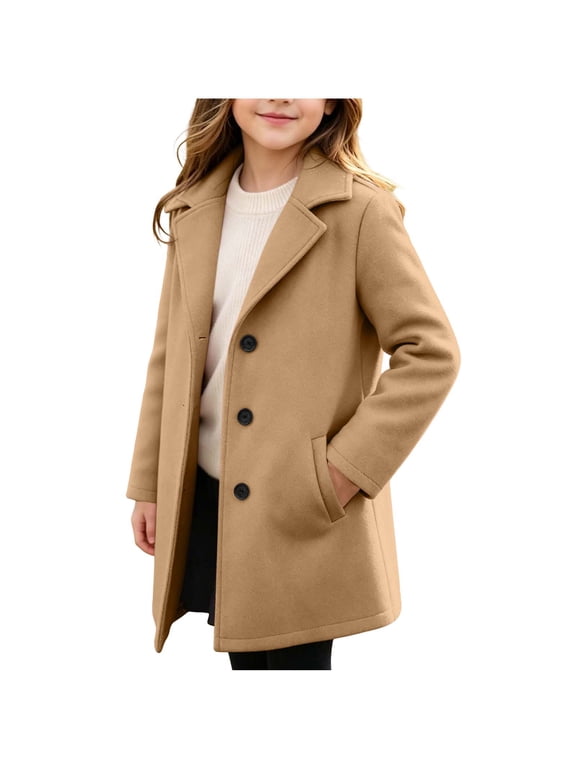 Girls Trench Coats Single Breasted Overcoat Lightweight Insulated Wool Blend Notched Collar Winter Pea Coat Brown 4-5 Years