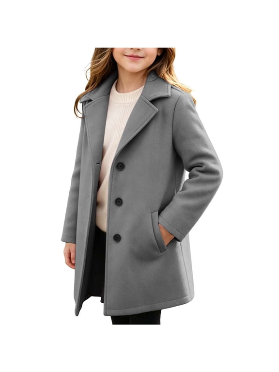 Girls Trench Coats Single Breasted Overcoat Lightweight Insulated Wool Blend Notched Collar Winter Pea Coat Gray 4-5 Years