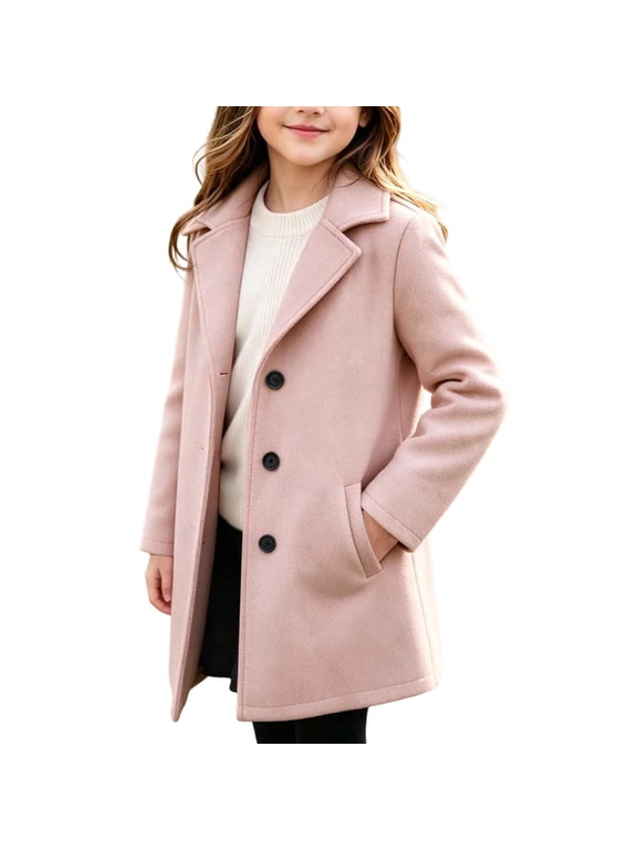 Girls Trench Coats Single Breasted Overcoat Lightweight Insulated Wool Blend Notched Collar Winter Pea Coat Pink 8-9 Years