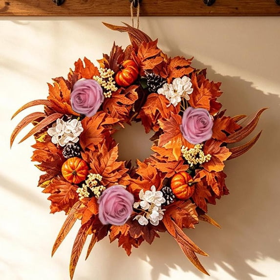 SHENGXINY Halloween Wreath for Front Door 21.6 in Fall Artificial Maple Leaf Pumpkin Rose Wreaths Home Wall Porch Indoor Decoration