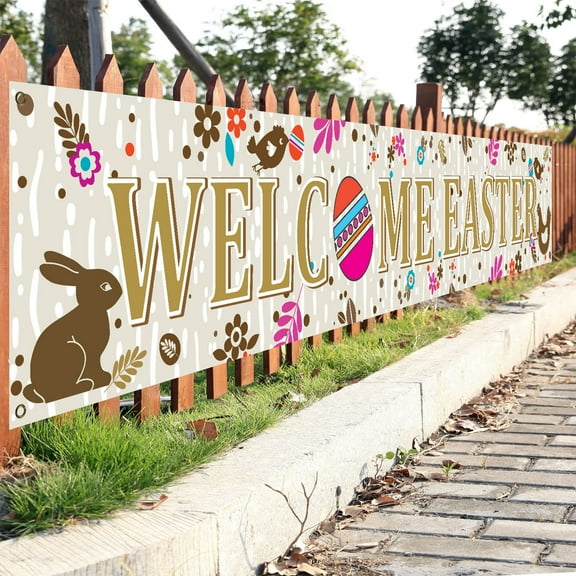 SHENGXINY Happy Easter Banner,Easter Decorations Outdoor,Easter Flag Pulling Kit for Courtyard Party Ambiance Decoration, Party Supplies Beige 116.54x18.9in