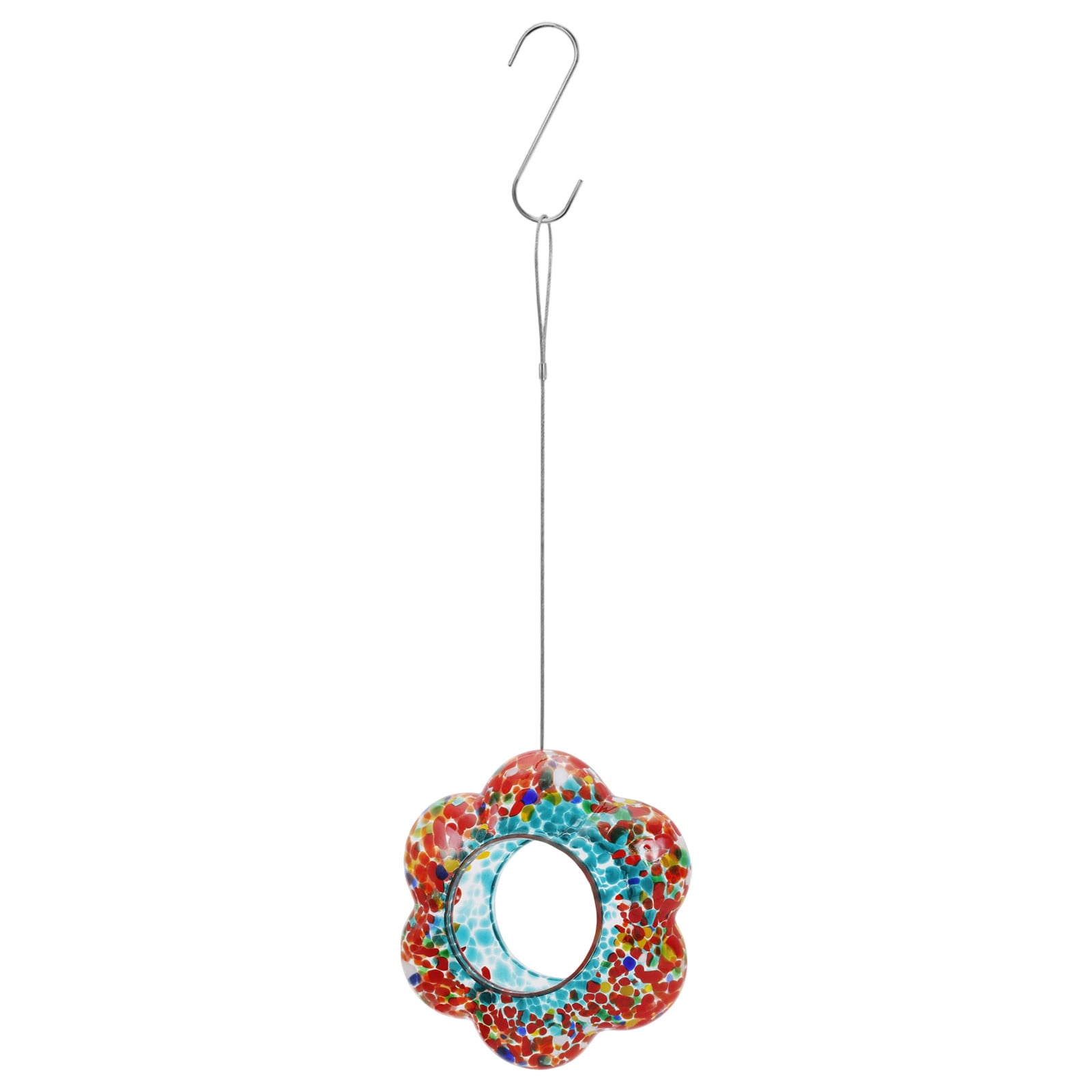 SHENGXINY Hummingbird Feeder for Outdoor Hanging,Hanging Flower-Shaped Stained Glass Hummingbirds Feeder Hand-Painteds Polka Dots Glass Designs Outdoor Garden Nectars Station with Perchs Rings Red