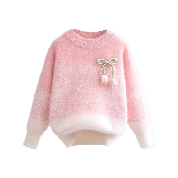 SHENGXINY Kids Cute Pullover Sweater Crew Neck Long Sleeve Fuzzy Fleece Soft Comfy 3D Pattern Fall Daily Active Outwears Pink 5 Years