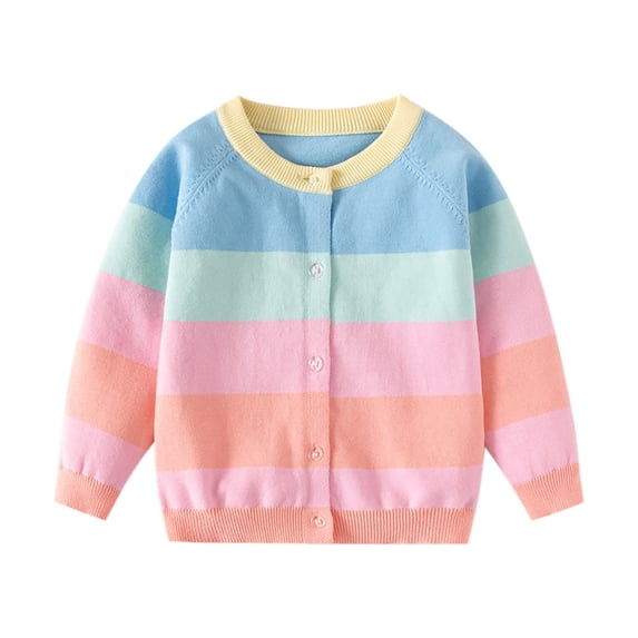 SHENGXINY Kids Cute Stripe Sweater Cardigan Crew Neck Versatile Outer Warm Knit Jacket Button Down Long Sleeve Fall Outwear Pink 4 Years