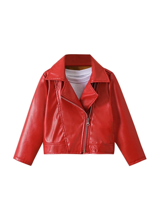 Kids Moto Jacket Retro Biker‑Style Jacket Windproof Vintage Short Zip‑Up Lapel Collar PU Jacket Motorcycle Coats Red 2-3 Years