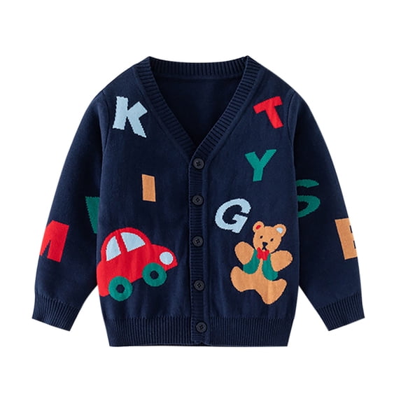 SHENGXINY Kids Print Sweater Cardigan Boys V Neck Versatile Outer Warm Knit Jacket Button Down Long Sleeve Fall Outwear Navy 3 Years